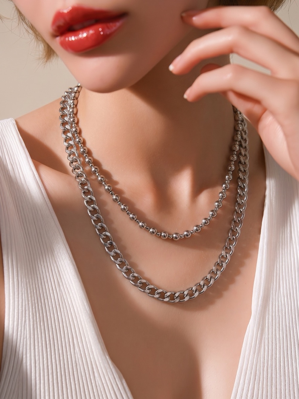 Carisma Elegant Silver chain layer Necklace with Studs earring Set